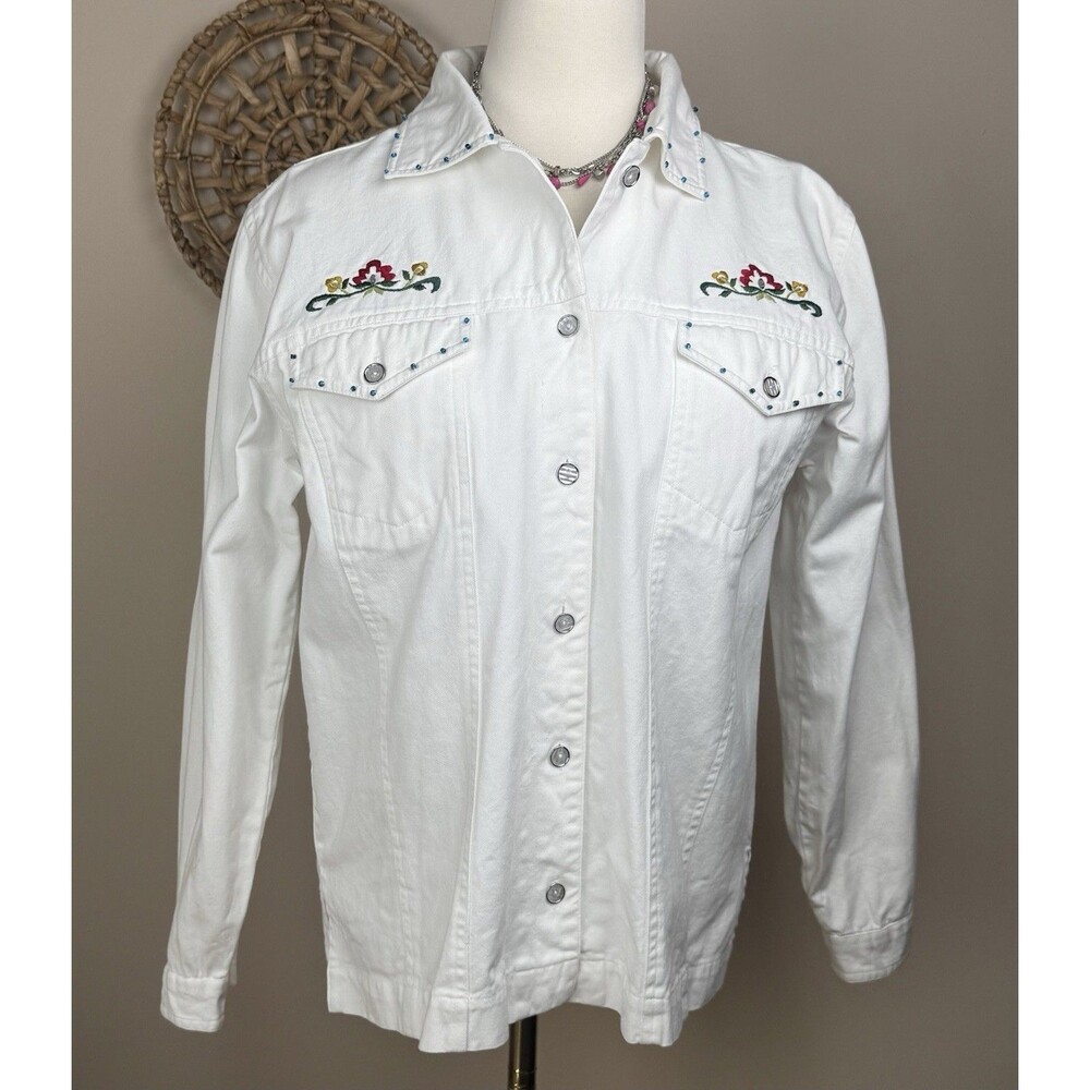 Michael Simon Embroidered Bird Floral Beaded Jacket Womens Small White Boho